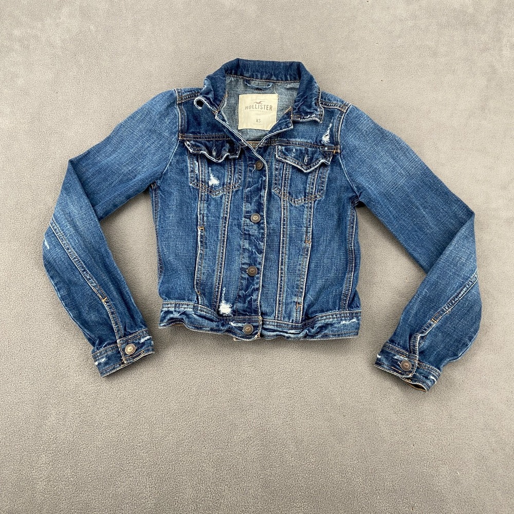 Hollister Trucker Jacket Womens XS Blue Denim Cropped Classic Fit Button Front